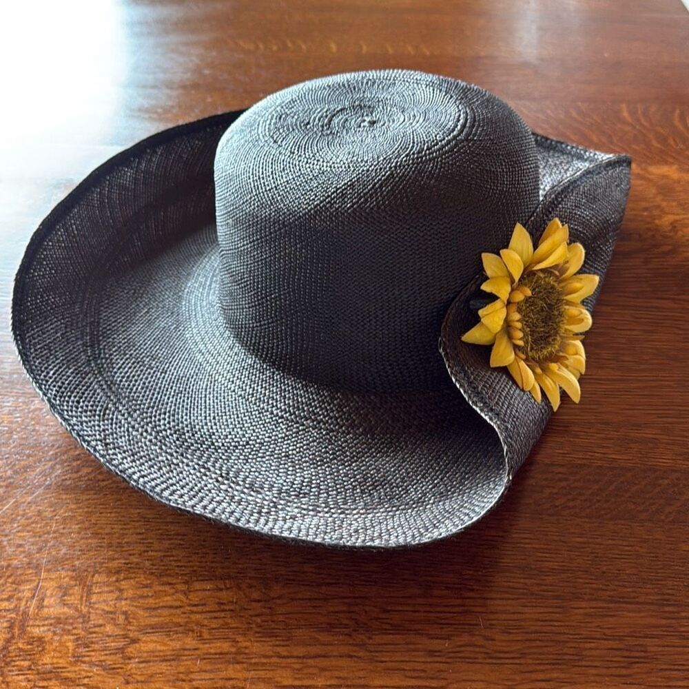 Vintage Black Fine Weave Wide‎ Brim Straw Hat Sunflower Women’s Size Medium - Picture 3 of 13